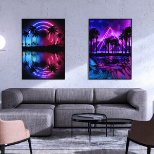 Neon landscape: Palms & Arc [synthwave/vaporwave/cyberpunk] — aesthetic poster, retrowave poster, vaporwave poster, neon poster
