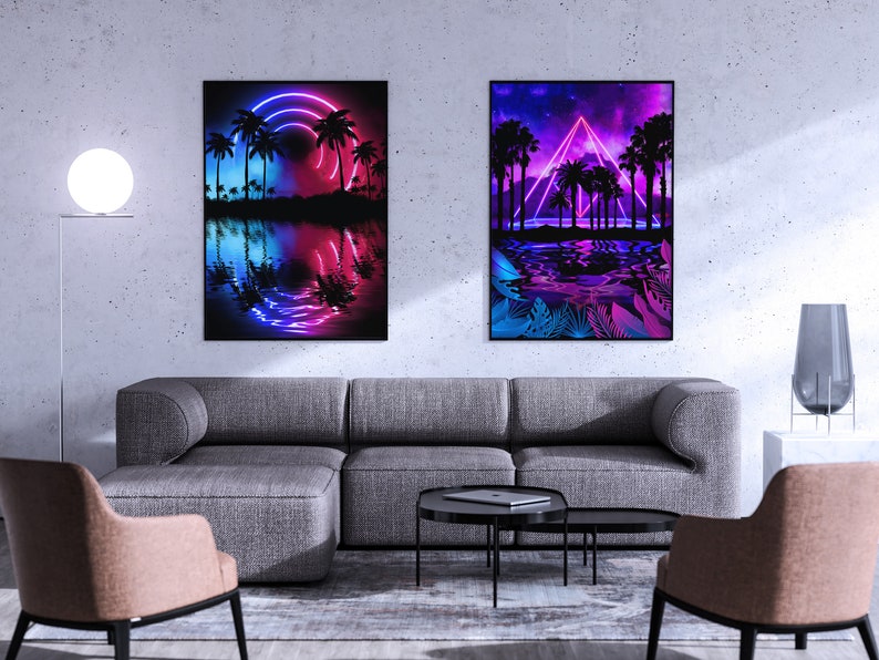 Neon landscape: Palms & Arc [synthwave/vaporwave/cyberpunk] — aesthetic poster, retrowave poster, vaporwave poster, neon poster