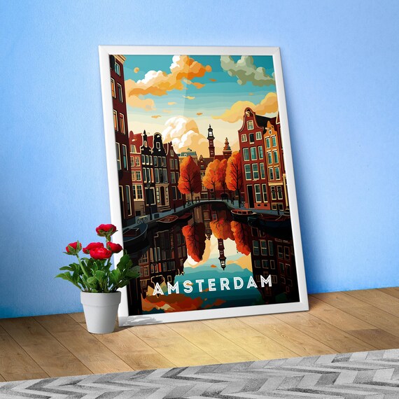 Amsterdam, Netherlands/Holland — Retro travel minimalist poster, retro travel art, retro travel wall art, vector art