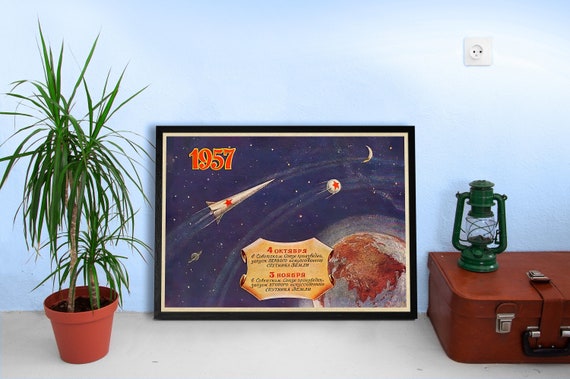 Sputnik 1, 1957, USSR — Soviet vintage space poster, soviet space art, soviet retro print, propaganda poster, space print