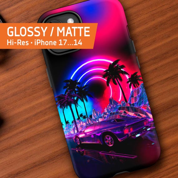 Vaporwave phone case: Neon landscape - Synthwave palms, sport car [vaporwave/ cyberpunk] — Tough Case for iPhone 17/16/15/14 (Glossy/Matte)