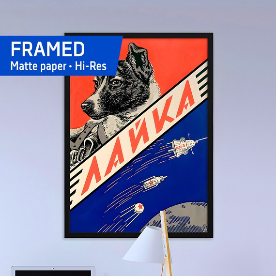 Laika, first space dog. Soviet vintage space — Framed matte paper poster. Space poster, soviet space, soviet retro art