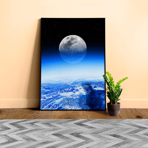 Full Moon Art Poster – Full Moon from Space Over Earth Horizon, Lunar NASA Photography Space Wall Art Print