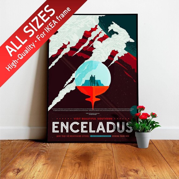 Enceladus, Saturn (NASA Visions of the Future) — vintage space poster, retro space poster, space travel poster, space poster, space art