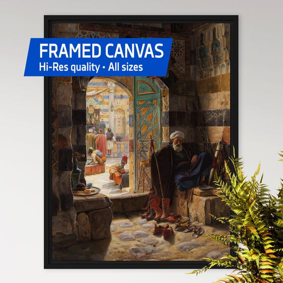 Warden of the Mosque, Damascus 1891 – Framed canvas, Gustav Bauernfeind. Islamic Art Decor, Orientalist Scene, Mosque Painting, Middle East