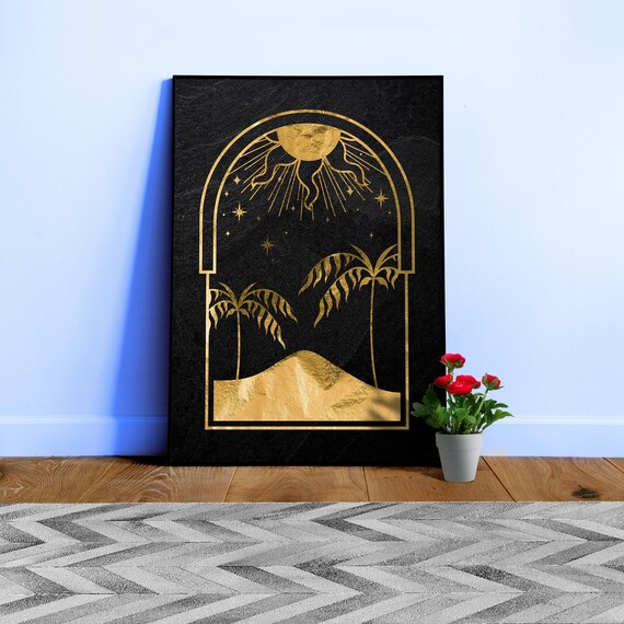 Mystical Gold Moon: Sun & desert — tarot card, art deco poster, esoteric poster, spiritual art print, retro poster