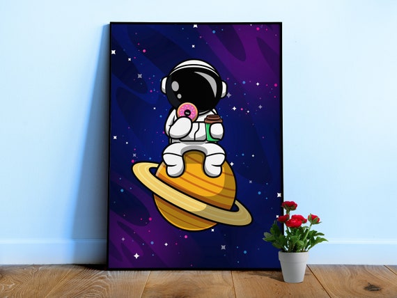 Astronaut & Donut — space poster, space art, neon space, synthwave space