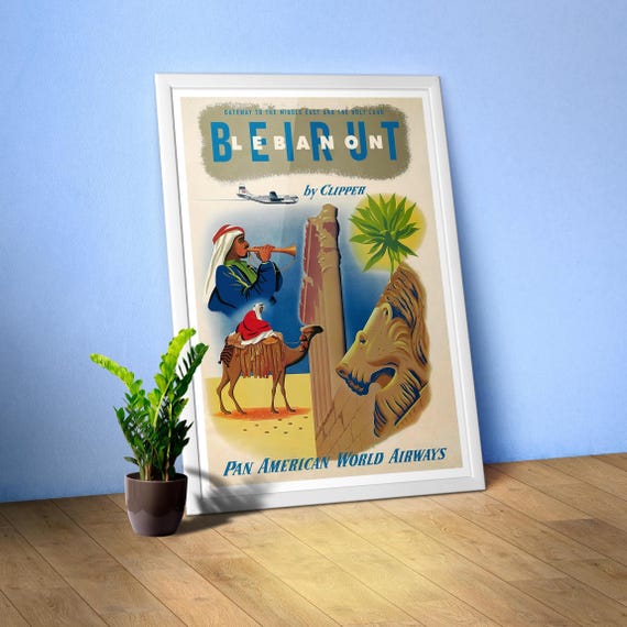 Pan American: Beirut - Lebanon by Clipper, 1950s — retro vintage travel poster, travel art print, retro travel wall decor