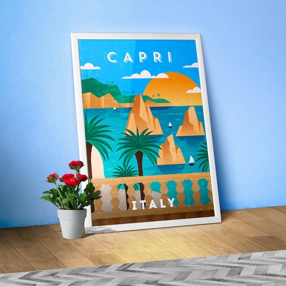 Capri, Italy — Retro travel minimalist poster, retro travel art, retro travel wall art, vector art