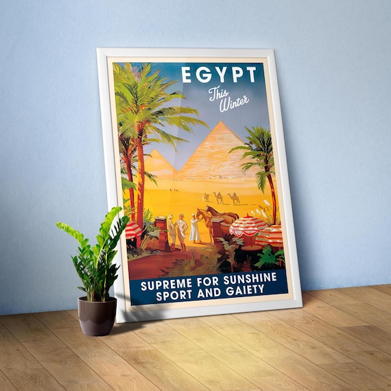 Egypt for Winter, 1930s: Pyramids, Giza and Cairo — Retro travel poster, Vintage travel art print and amazing art decor gift