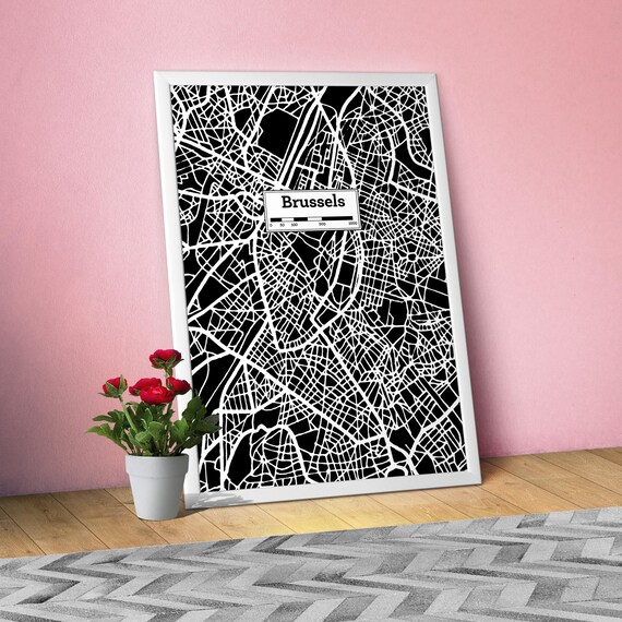 Brussels, Hand Drawn City Map Poster — Black White Modern Urban Art, Print for Travel Lovers and Minimalist Wall Decor, Black city poster