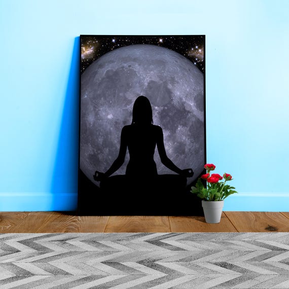 Blue Moon Meditation Poster – Woman Silhouette in Lotus Pose with Full Moon. Spiritual Black Wall Art, Yoga decor