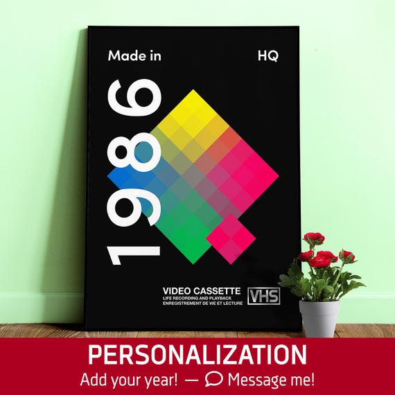 VHS Cassette Poster 1986 — Personalized Print and Gift for geeks ◼ VHS Type Wall Art, Retro Birth Year Decor, Memphis Design, Gamer room art