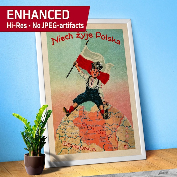 Vintage Poland Poster 1919 – “Niech Żyje Polska” Patriotic Boy with Flag, Independence Era Art Print, Polish Heritage Decor (rare poster)