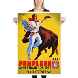 Spain, Pamplona, San-Fermin, 1953 [RESTORED] — Retro corrida travel poster, vintage travel art, retro travel wall art