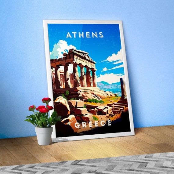 Greece, Athens — Retro travel minimalist poster, retro travel art, retro travel wall art, vector art