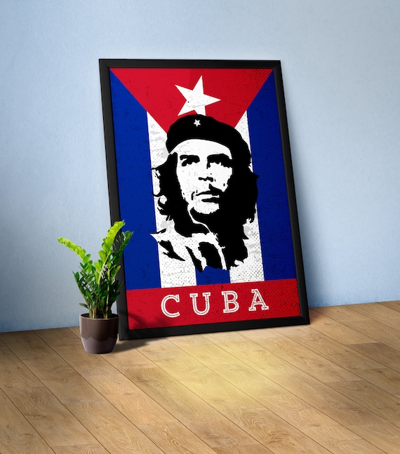 Che Guevara and flag, 1960s — Soviet propaganda retro poster, ussr print, revolutionary wall art, political decor