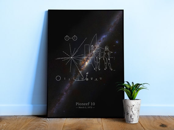 NASA Pioneer 10 plaque & Milky Way galaxy — space poster, science poster, space wall decor, space art