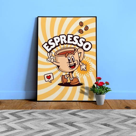 Retro cartoon coffee poster: Espresso β vintage espresso art prints, quirky kitchen wall decor, fun coffee shop artwork, caffeine lover gift