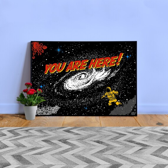 You are here: Milky Way galaxy map, 1950s comic poster — space poster, science poster, galactic map, space map