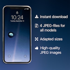 Può includere: Uno screenshot di uno smartphone che mostra una foto della Terra dallo spazio. La schermata di blocco del telefono mostra l'ora 10:24 e la data martedì 13 settembre. Il testo "Download immediato", "4 file JPEG per tutti i modelli", "Dimensioni adattate" e "Immagini JPEG di alta qualità" è visualizzato sul lato destro dell'immagine.