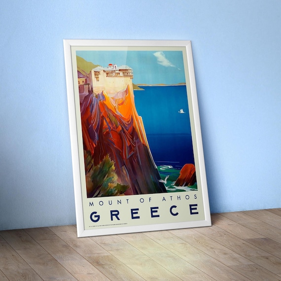 Greece, Athos 1949 — Retro travel poster with Mediterranean Sea and mountains, vintage 1940s travel art print, travel wall decor