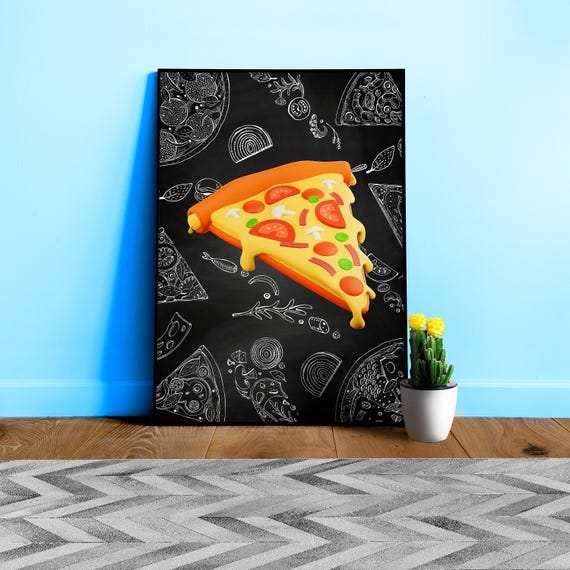 Pizza Poster — Plastic 3D Food Kitchen Poster, Blackboard Wall Art, Aesthetic Minimalist Print