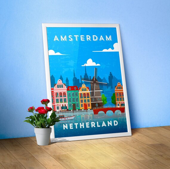 Amsterdam, Netherlands/Holland — Retro travel minimalist poster, retro travel art, retro travel wall art, vector art