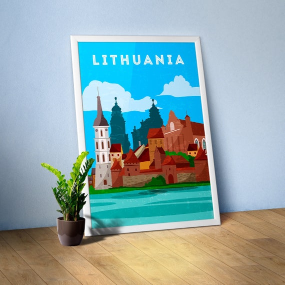 Lithuania, Vilnius — Retro travel minimalist poster, retro travel art, retro travel wall art, vector art