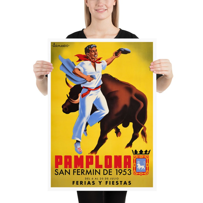 Spain, Pamplona, San-Fermin, 1953 [RESTORED] — Retro corrida travel poster, vintage travel art, retro travel wall art