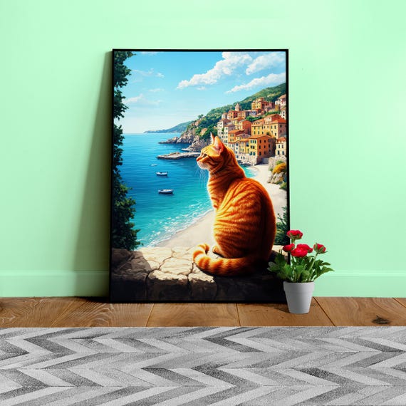 Orange Cat Poster – Mediterranean Wall Art, Italy Coast Print / Ginger Cat Painting, Seaside Decor, Coastal Summer Poster
