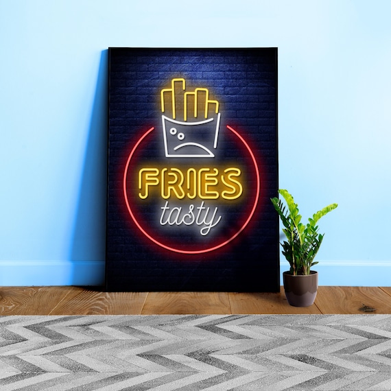 Fries, Neon Sign Poster — Retro bar wall art, glowing pub decor, kitchen print for beer lovers, neon Fries sign