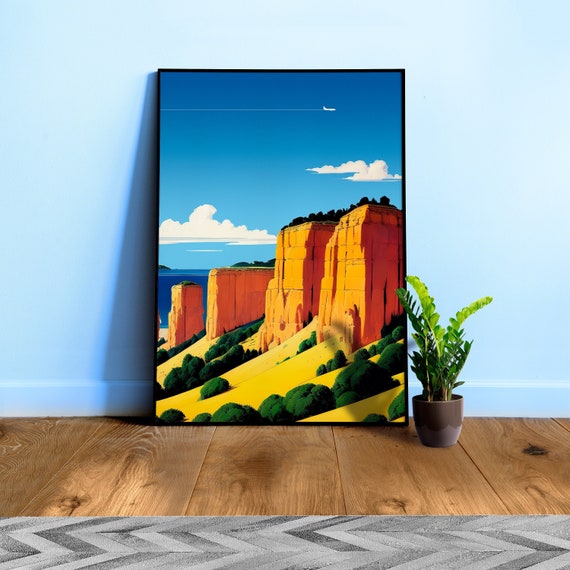 Japan, mountains and rocks on the sea — City Pop art, anime landscape poster, retrowave/vaporwave poster, 80s, panoramic poster