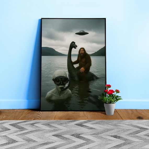 UFO Conspiracy poster with Bigfoot/Sasquatch, Loch Ness monster and alien diver — X-Files Cryptid Sci-Fi Paranormal wall art, sci-fi print