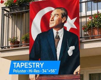 Mustafa Kemal Ataturk flag/banner – Turkey tapestry / Turkish wall decor, Polyester print, Vertical Balcony Decor and Room Art