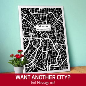 Moscou, affiche de carte de la ville dessinée à la main — Art urbain moderne noir et blanc, impression pour les amateurs de voyage et décoration murale minimaliste, affiche de ville noire