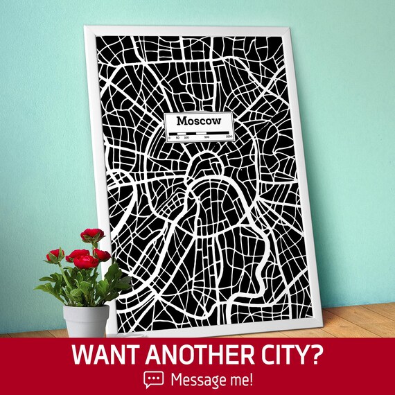 Moscow, Hand Drawn City Map Poster — Black White Modern Urban Art, Print for Travel Lovers and Minimalist Wall Decor, Black city poster