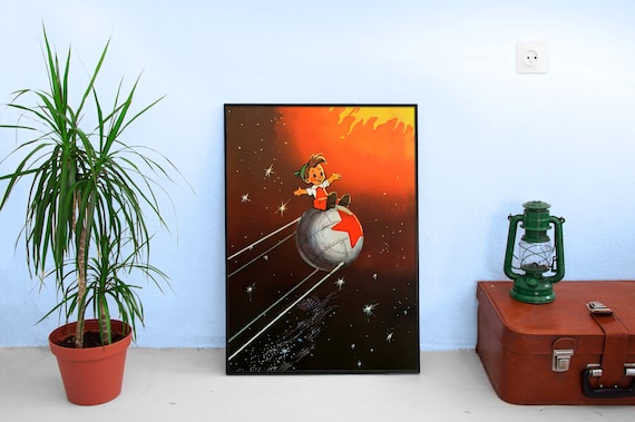 Murzilka on a Sputnik, USSR 1960 — Soviet vintage space poster, soviet poster, propaganda poster, soviet retro space, space wall art