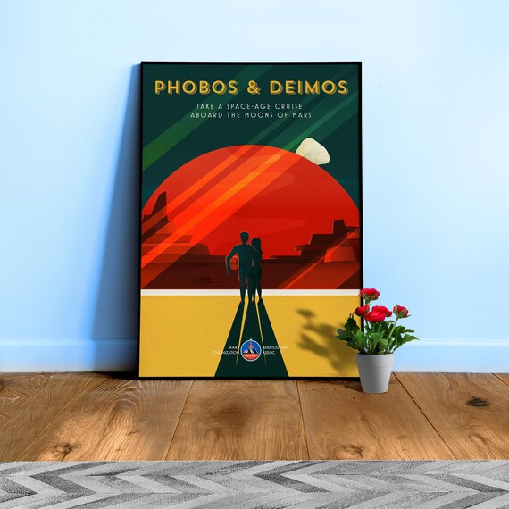 Mars, Phobos, Deimos — retro space poster, 1950s space travel art print, gift for him