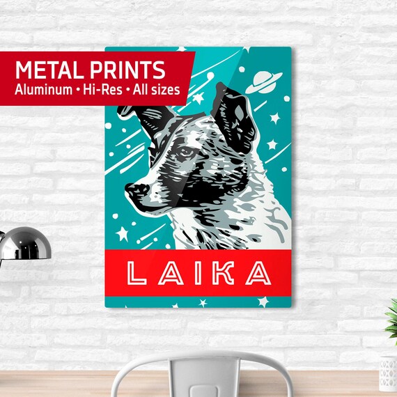 Laika, first space dog, USSR, 1958 — Metal prints. Soviet vintage space art poster, soviet poster, propaganda poster, soviet retro space