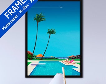 Texas, USA, pool, beach — Framed matte paper poster. City Pop art, retrowave/vaporwave poster, 80s, aesthetic poster