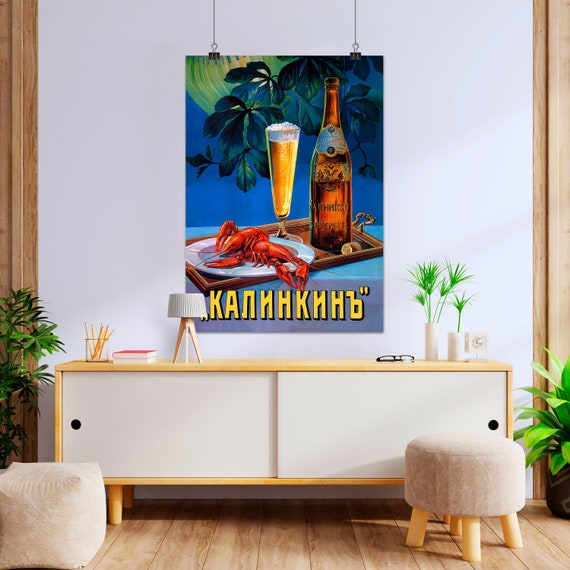 Beer poster Kalinkin (with lobster), Saint Petersburg, Russia 1910 — Russian vintage poster, vintage beer poster, propaganda poster,art deco