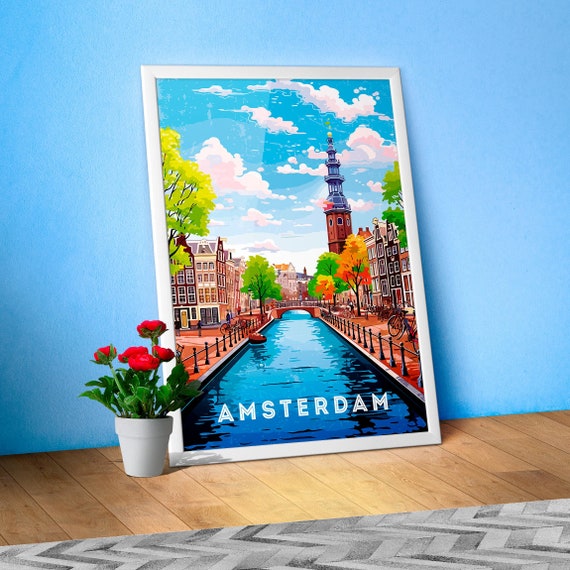 Amsterdam, Netherlands/Holland — Retro travel minimalist poster, retro travel art, retro travel wall art, vector art
