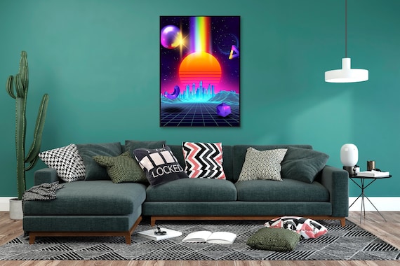 Neon sunset, city, sphere [1980s/vaporwave/cyberpunk] — Video gamer poster, anime art print, space aesthetic neon wall decor, VHS type art