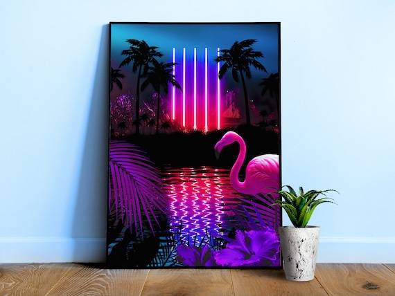 Neon landscape: Neon pillars & flamingo [vaporwave/cyberpunk/1980s] — Aesthetic poster. Retrowave poster, neon poster 1980s, Gamer room gift