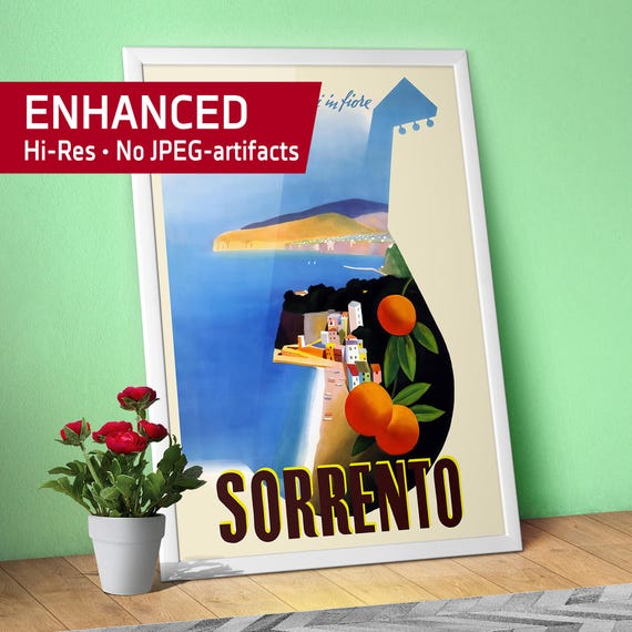 Sorrento, Italy 1950s poster – Vintage Italy travel print. Napoli Beach Retro Wall Art, Retro Mid Century Decor, Mediterranean decor