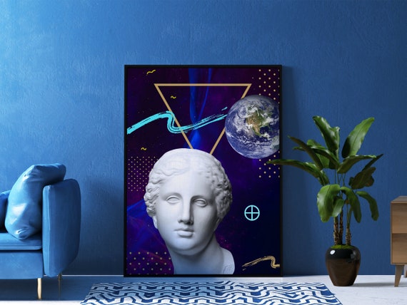 Earth: God and Planet Poster – Synthwave mythology wall art, vaporwave decor, cosmic neon print, space aesthetic poster, 80s retro art