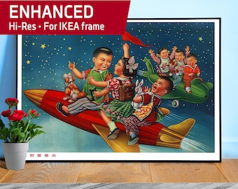 Chinese Space Poster Propaganda: Flying to the stars, China 1950s — Retro 1950s sci fi wall art, USSR China rocket print, vintage space race