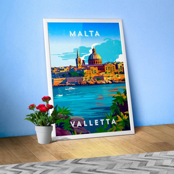 Malta, Valletta — Retro travel minimalist poster, retro travel art, retro travel wall art, vector art