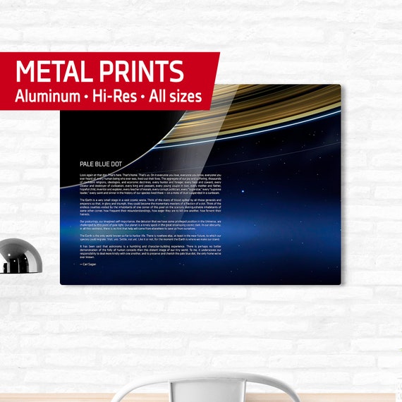 Pale Blue Dot metal wall art • Cassini and Carl Sagan quote, Saturn's rings and Earth, 2013 — Metal prints. Space poster, science poster